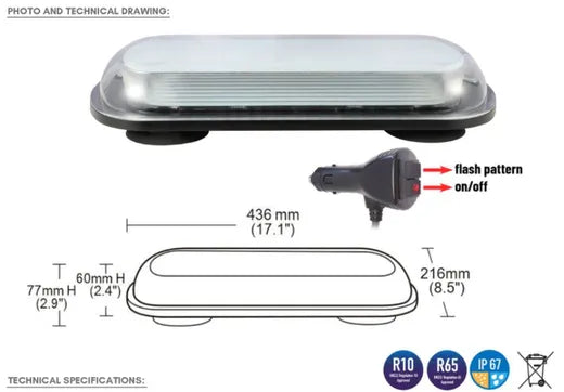 Barra de advertencia LED ámbar - Universal (436x216 mm, R10, R65)